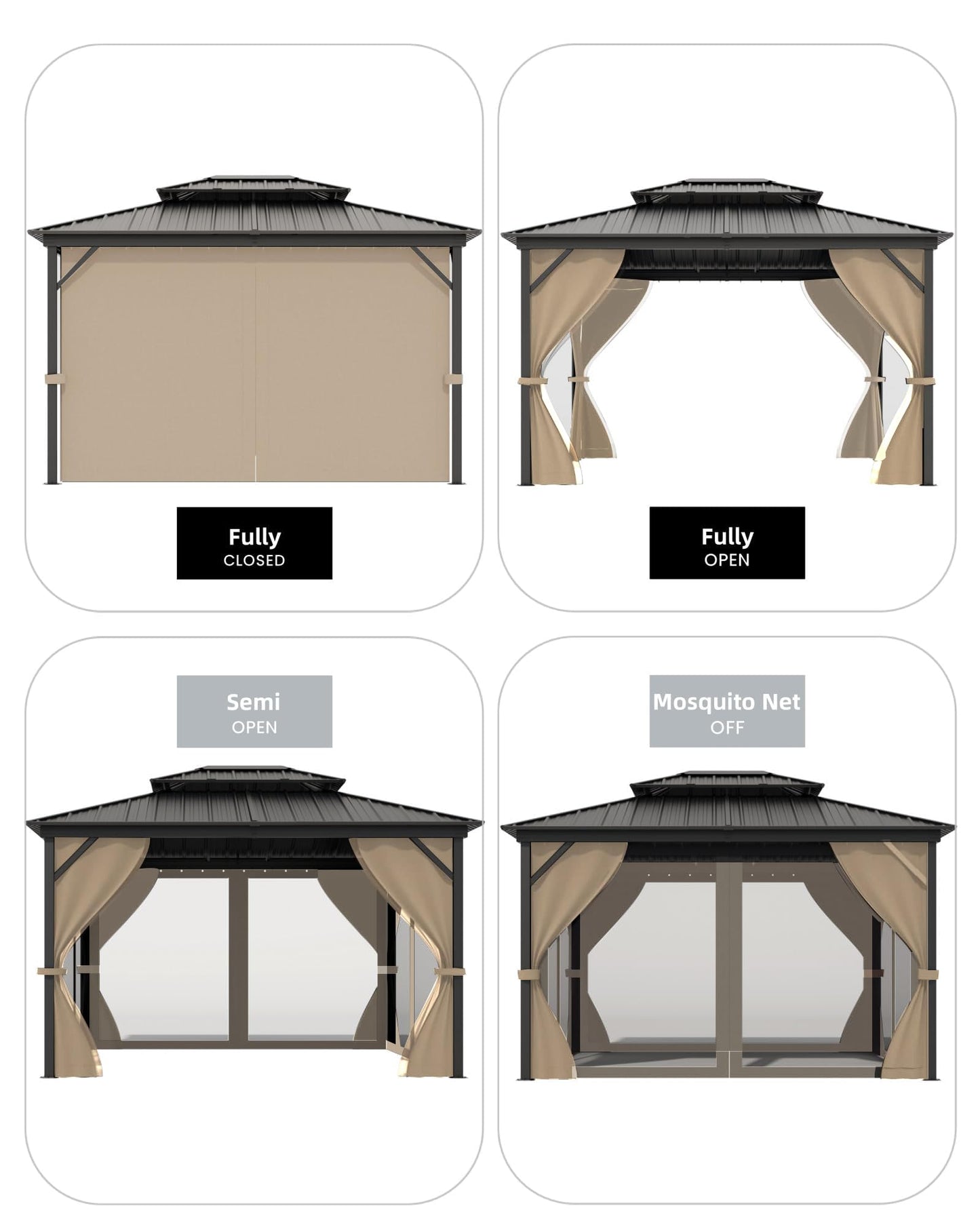 GarveeLife 12 ft x14 ft Hardtop Gazebo for All Weather, with Double Metal Roof, Aluminum Alloy Frame, Net, and Curtain, Permanent Building for Patio, Deck, Backyard, Lawn, and Garden, Khaki