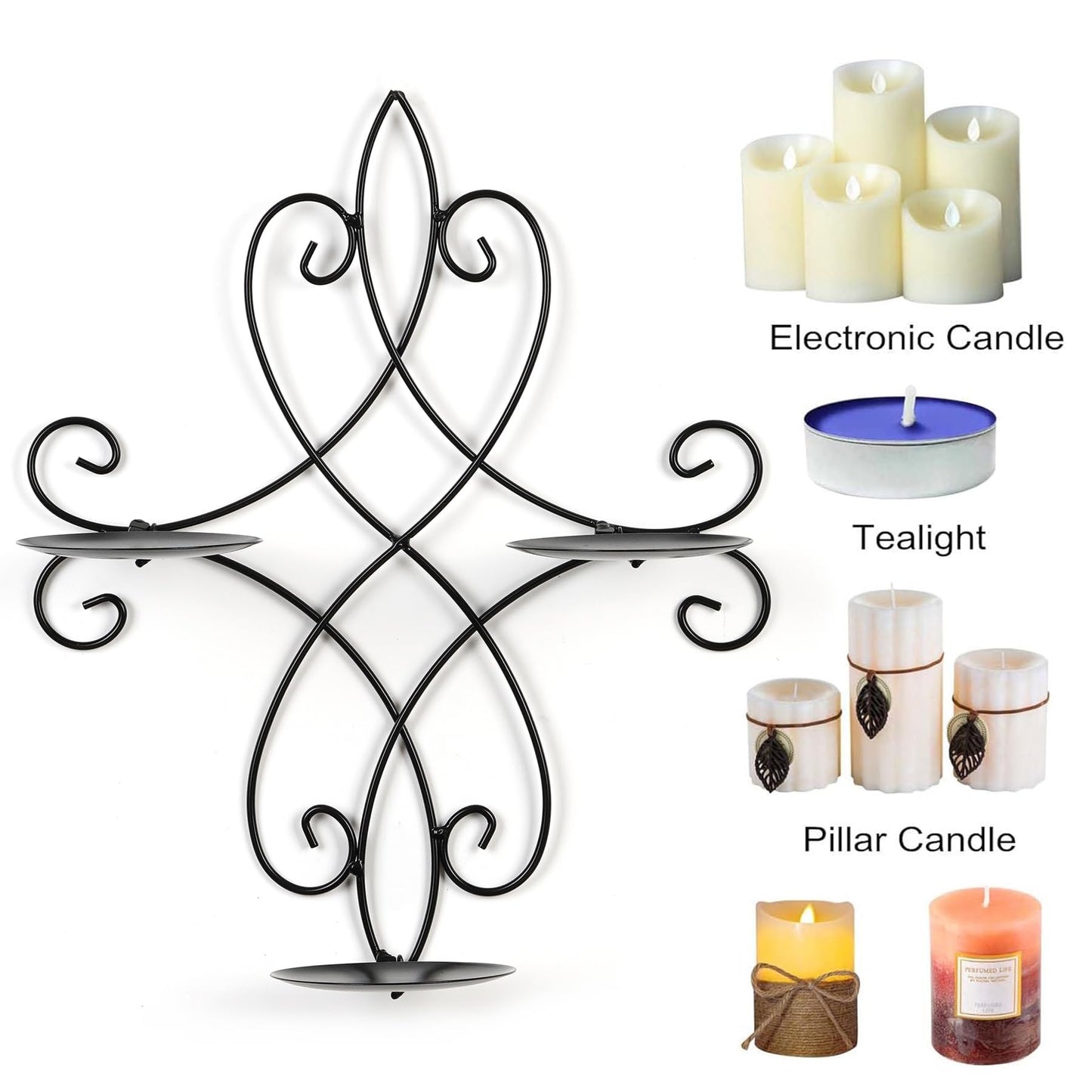 AHUONEL Wall Candle Sconce Holder Set of 2, Metal Wall Sconces Decor Hanging Wall Mounted Candle Stick Holder, Black Candlestick Holders Wall Decor for Bedroom Living Room Dining Room, 14.4"×11.8"