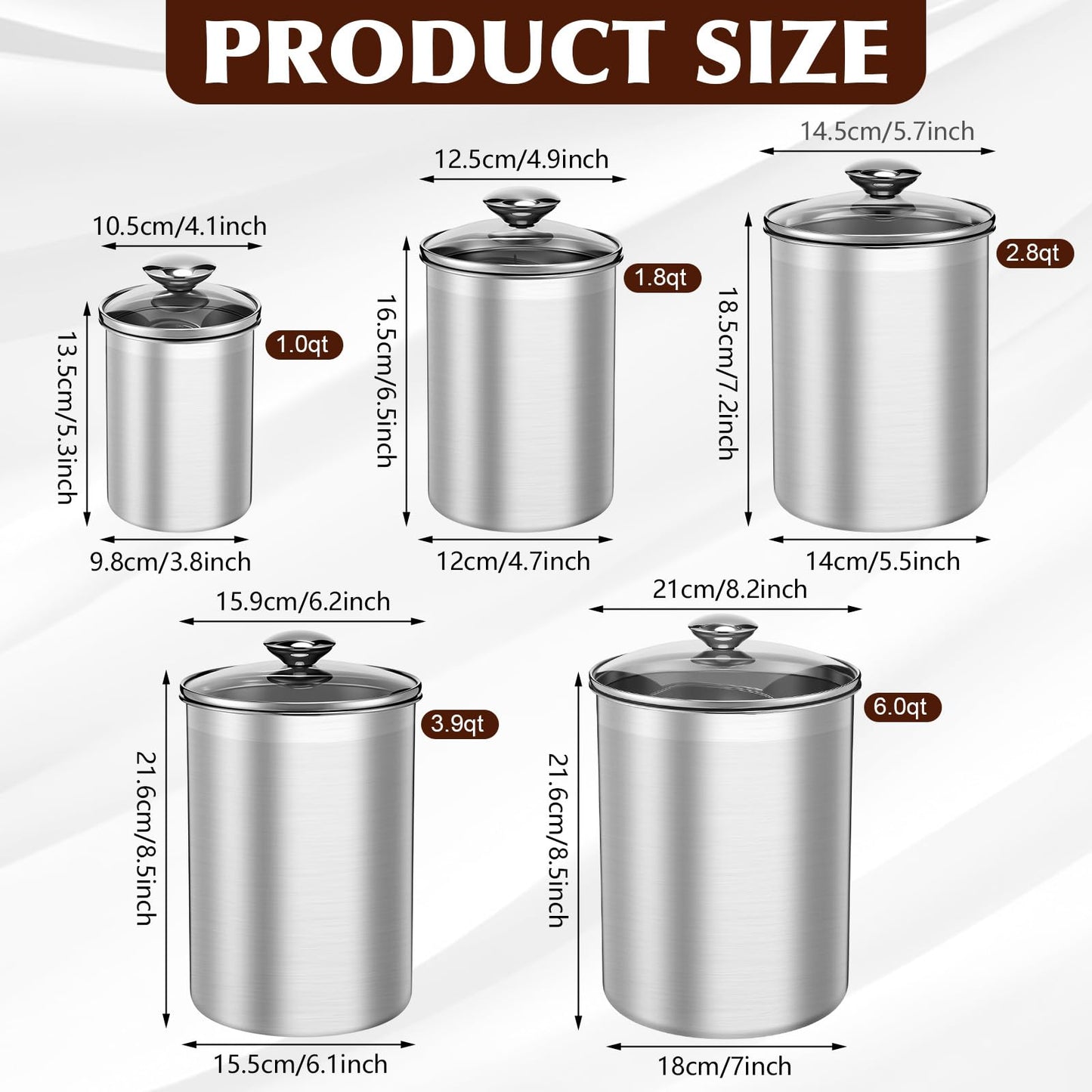 LemonRoad 5 Pcs Stainless Steel Canister with Glass Lids Airtight Food Jar Storage Canister Set (1.0qt / 1.8qt / 2.8qt / 3.9qt / 6.0qt) Food Grade Storage Containers for Kitchen (Silver)