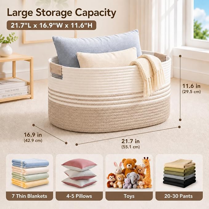 Extra Large Laundry Basket Hamper, 72L Cotton Rope Storage Bin for Blankets, Toys, Clothes, Decorative Nursery Hamper for Living Room, Baby Nursery, Bathroom, Bedroom, Kids Storage, Light Brown