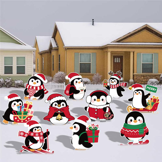 10-Piece Christmas Penguin Yard Signs with Stakes Decorations – 10 Assorted Designs 12 Inches Large Holiday Penguin Signs for Outdoor Garden and Lawn Winter Party Favor