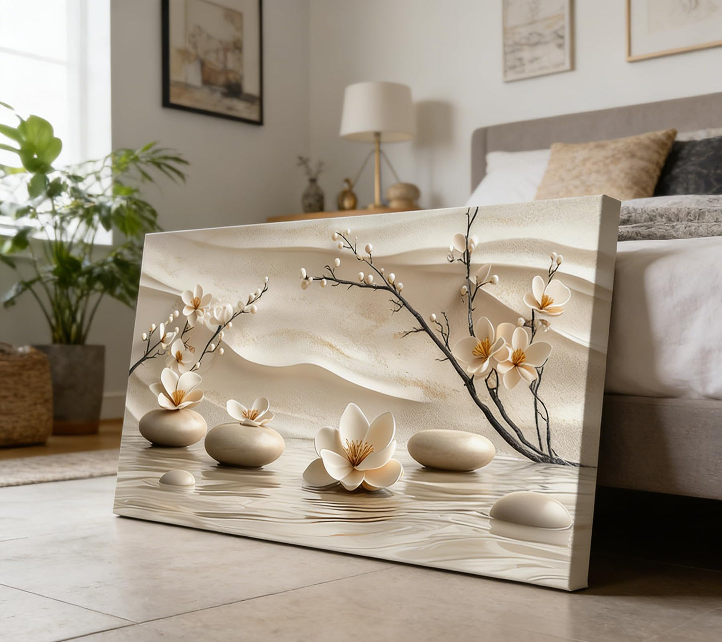 FEACFQKJ Zen Canvas Wall Art White Lotus Wall Decor Print Artwork Lotus Flowers Bloom Stones Spa Painting Pictures for yoga meditation room decoration 16x32in
