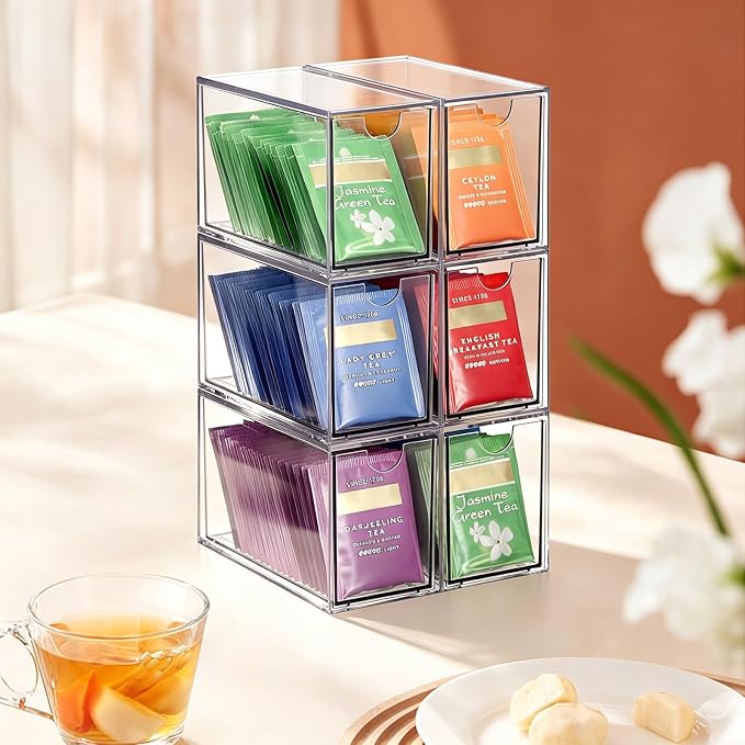 ELLDOO 6 Drawers Tea Bag Organizer, Clear Acrylic Stackable Tea Bag Storage Holder for Kitchen Pantry, Coffee Pod Snack Storage for Countertop Cabinet