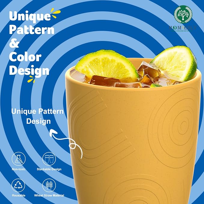 Homienly Wheat Straw Cups Set 8 PCS, 12 OZ Reusable Plastic Cups Alternative, Unbreakable Drinking Glasses for Kitchen, Party, Gatherings, Dishwasher & Microwave Safe Cup Set for Water, Juice(Yellow)