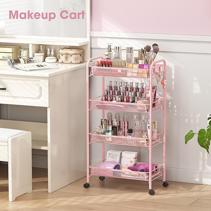 TOOLF 4 Tier Rolling Utility Cart - Durable Metal Design Pink Utility Cart, Storage Trolley on Wheels with 3 Hooks, Perfect for Kitchen, Bathroom & Laundry Room Organization