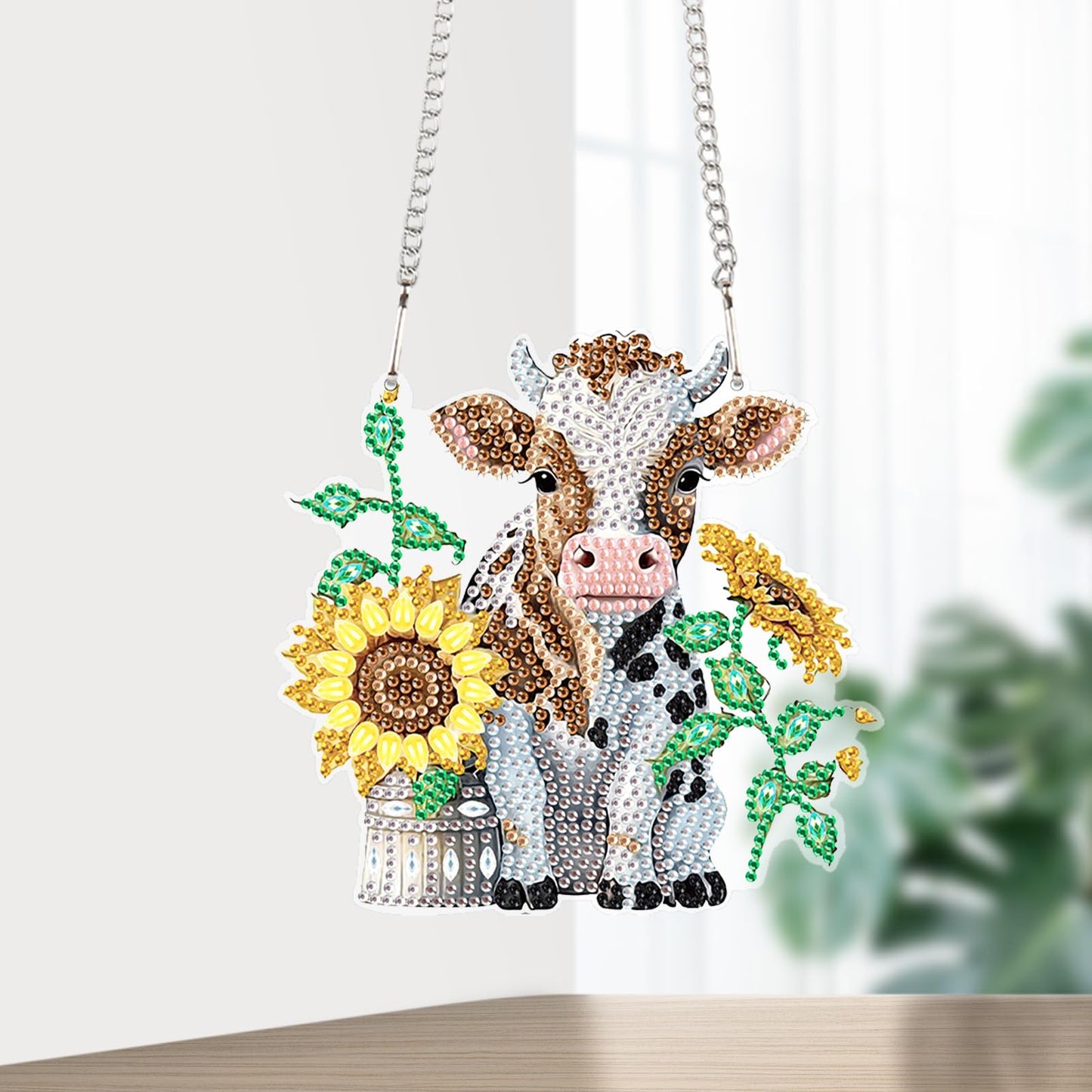 Sunflower and Cow Diamond Art Hanging, DIY 5D Diamond Painting Ornament with Rhinestones, Handmade Craft Gift for Wall, Door, Window, Home or Garden Decor