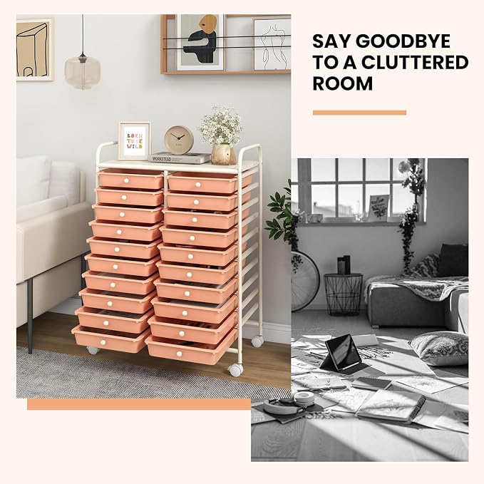 Giantex 20 Drawers Rolling Cart, Mobile Storage Drawer Cart, Classroom Organizer for Office School Supplies Tools Scrapbook Paper Craft Small Printer, Utility Stand on Wheels, Peach