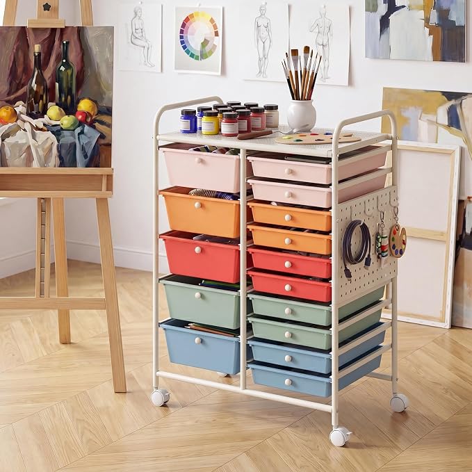 GOFLAME 15-Drawer Rolling Storage Cart with Pegboard, Craft Storage Cart with Lockable Wheels and Metal Frame, Art Cart Supply Storage Organizer for Home Office Classroom, Macaron Color
