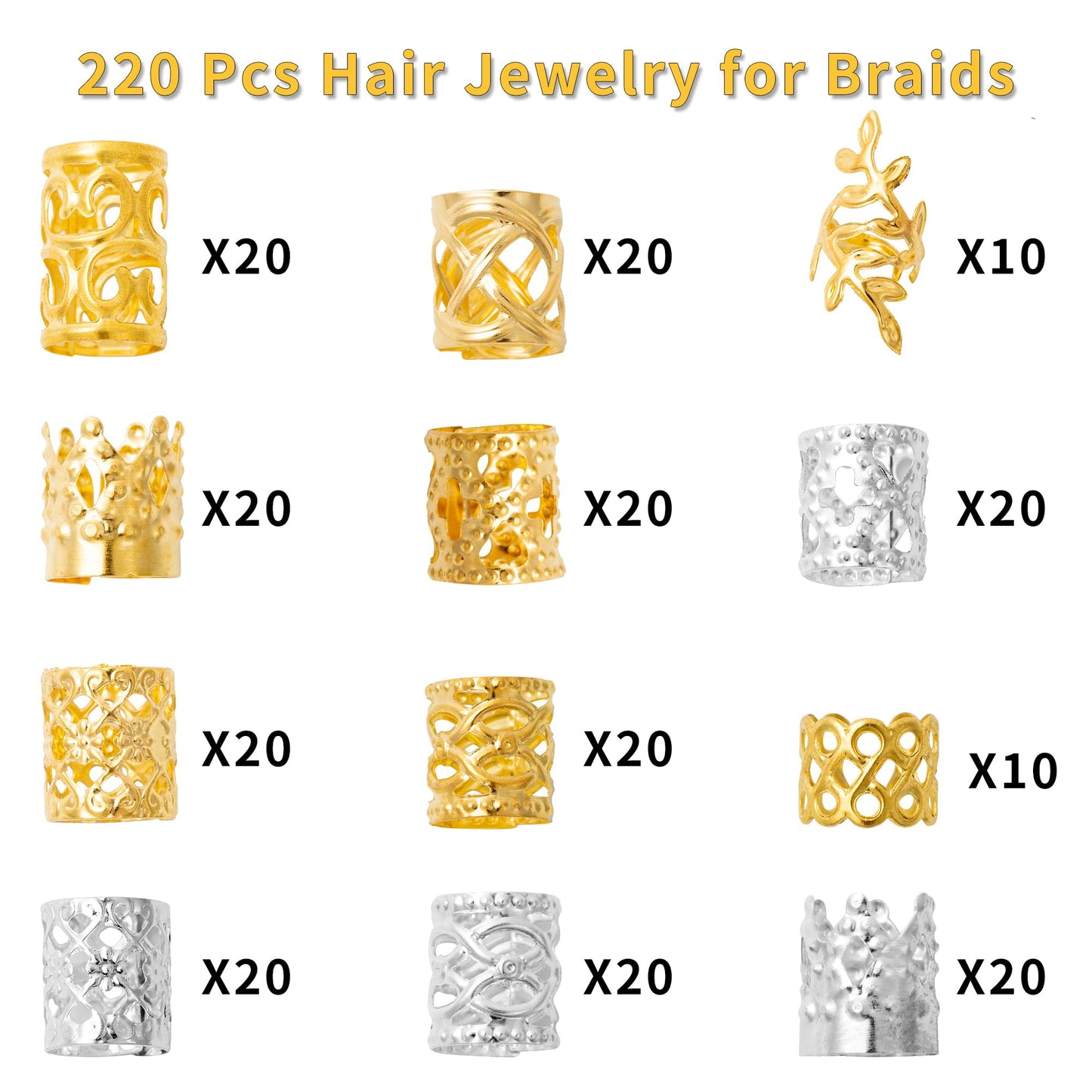 MODASER 220 Pcs Gold Hair Jewelry for Braids, 12 Styles Gold and Silver Hair Accessories Cuff for Braids and Dreadlocks, Adjustable Metal Rings Cuffs Clips for Dreadlock Accessory Jewelry Decorations