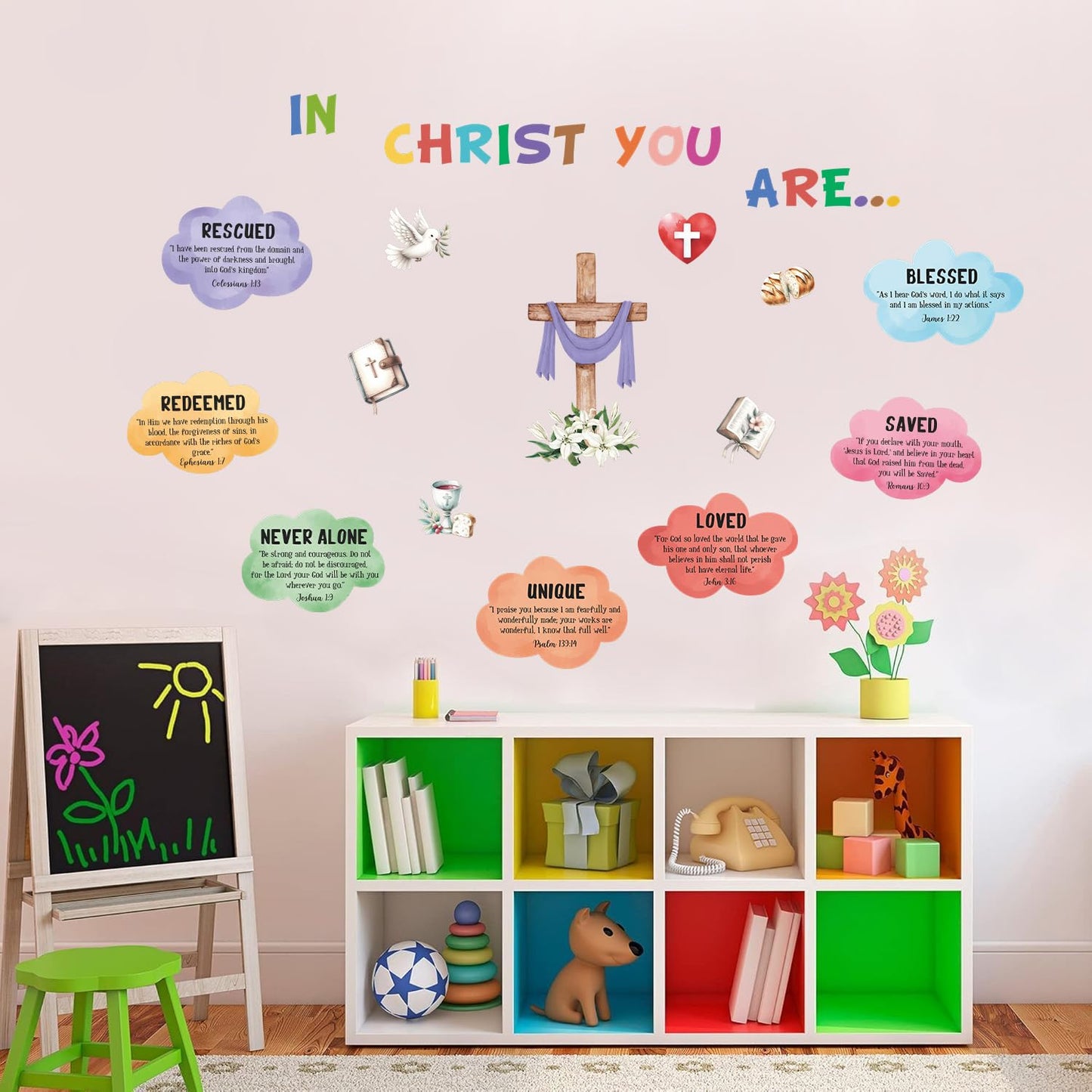 TOARTi Religious Bible Wall Decal Christian Jesus Bulletin Board Decoration Inspirational Prayer Sunday School Classroom Supplies Motivational Kid’s Religious Bible Verse Wall Sticker