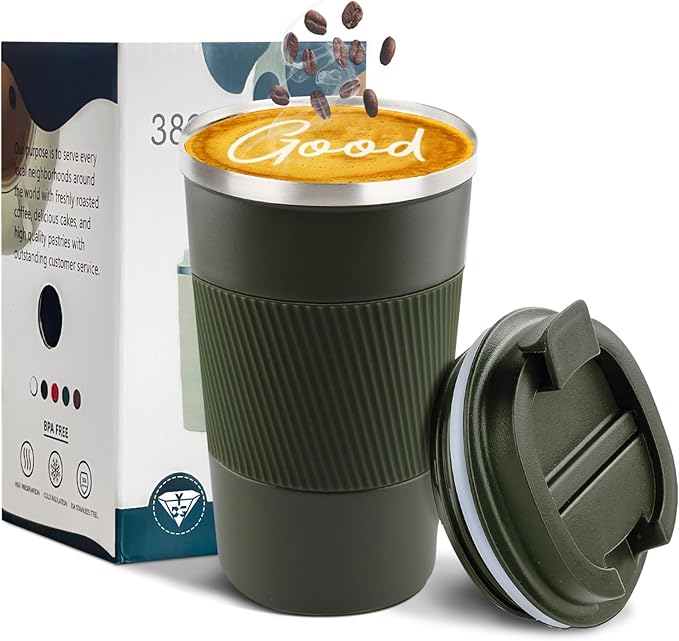 YINBAOGE Insulated Travel Coffee Mug, Spill & Leak Proof, Portable To Go Camping Stainless Steel Coffee Tumbler, Reusable Thermal Coffee Cup with Lid for Hot & Cold Drinks (Green, 17 OZ)