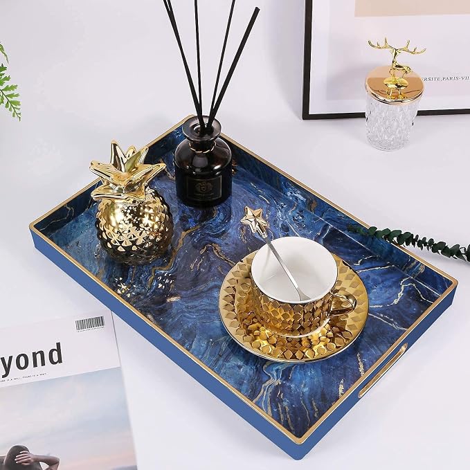 Plastic Serving and Decorative Tray with Handles for Ottoman, Coffee Table, Bathroom Vanity, Blue Marble Rectangular Tray for Countertop and Kitchen, 15.6 x 10.2 Inches