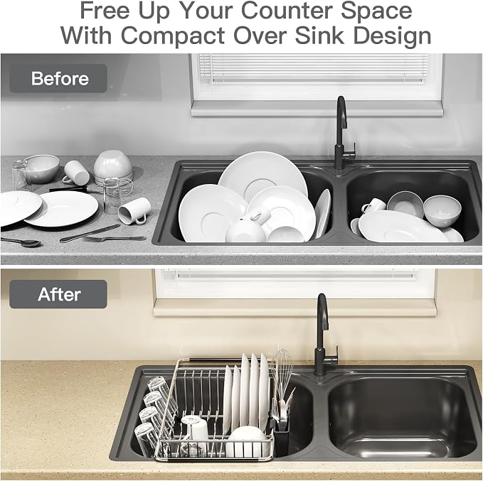 MAJALiS Dish Drying Rack Over The Sink with Utensil Holder, Drainboard | Expandable Stainless Steel Dish Drainer for Small Kitchen, Apartment, RV, Counter Space Saving, Perfect Fit, Rustproof