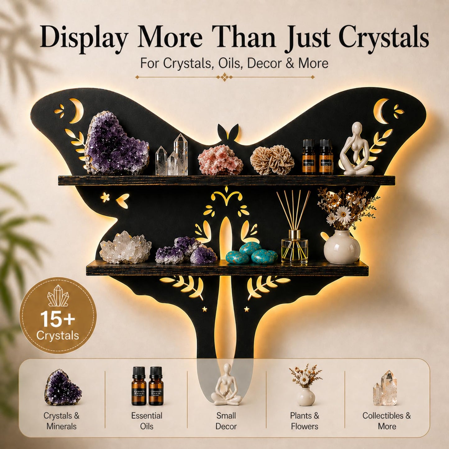 HBSGS Crystal Display Shelf Wall Gothic Shelves with LED Light, Luna Moth Theme, for Trinket, Crystal Rock, Gem, Healing Stone, Essential Oil (Moth-15.7 * 11.8inch/40 * 27.5cm)