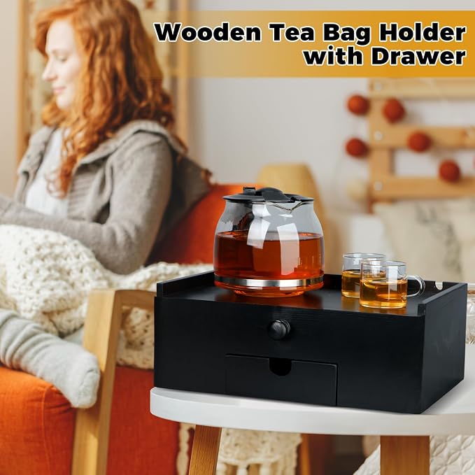 Cinnvoice Tea Bag Organizer Wood Tea Organizer Storage Box 8 Compartments Container Holder with Lid to Storage and Keep Fresh(Black)