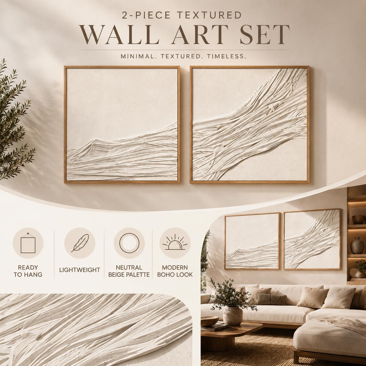 Artists' 3D Textured Wall Art Set of 2, Large White Beige Abstract Wall Decor, Handcrafted Fabric Textured Framed Artwork for Living Room Bedroom Office, Neutral Modern Boho Wall Art, 30x30 Inch x 2