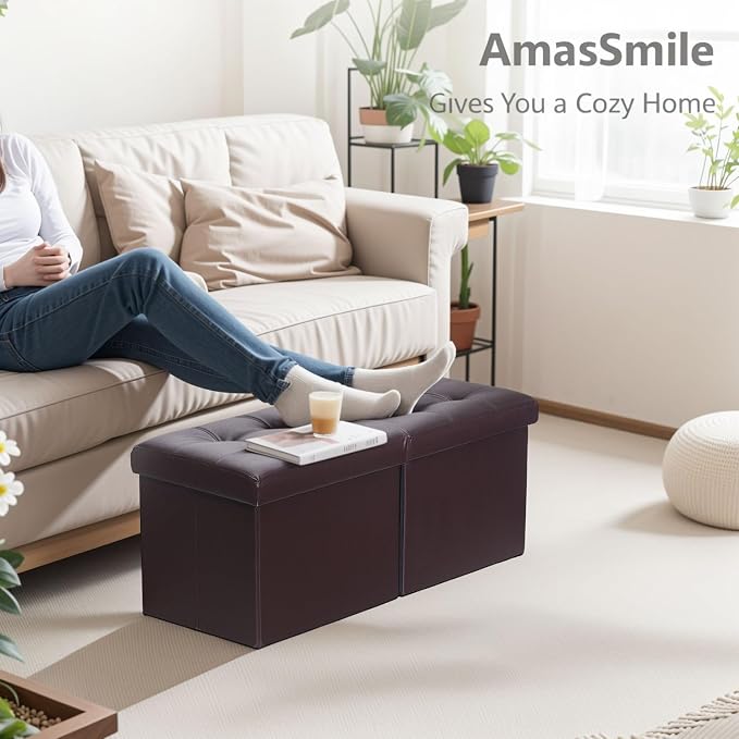 AmasSmile Footrest Ottoman Bench with Storage,34Inch Brown Leather Footstool, Coffee Table, Padded Seat, Storage Chest,Blanket Store with Flipping Lid for Livingroom and Bedroom