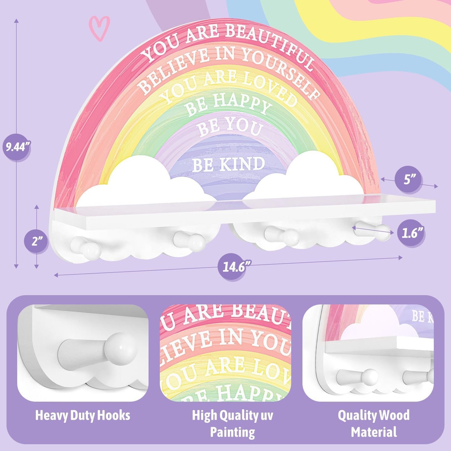 Garybank Rainbow Shelf Decor for Girls Room Wall, Wooden Rack with 4 Pegs Hooks - Wall Mount Coat Rack, Boho Rainbow Classroom Decor, Bedroom & Bathroom Decoration, Unicorn Girl Gifts for Christmas