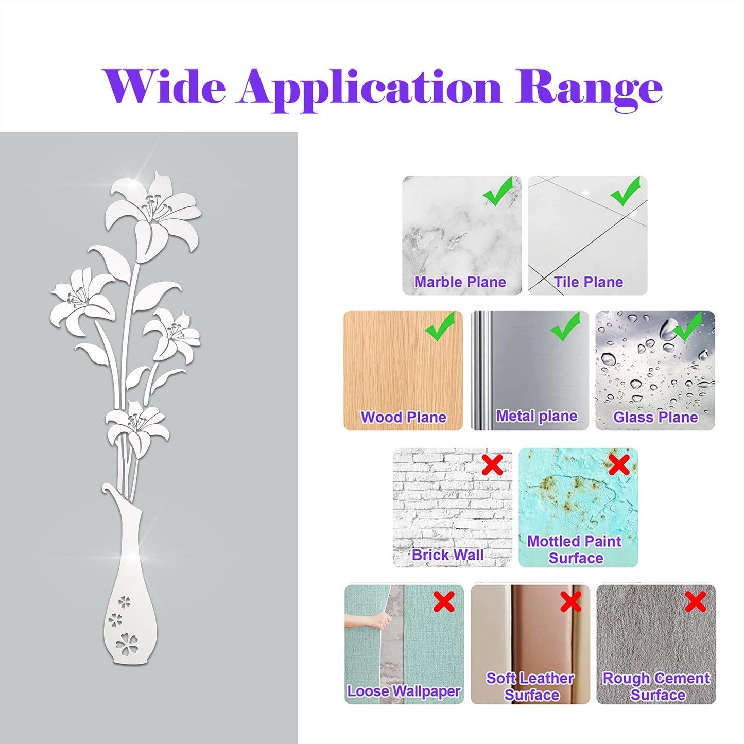 HNVNER Mirror Wall Decals - 3D Flower Wall Stickers Murals for Living Room Bedroom,DIY Walls Decor for TV Background and Sofa Backdrop (L, Mirror Silver)