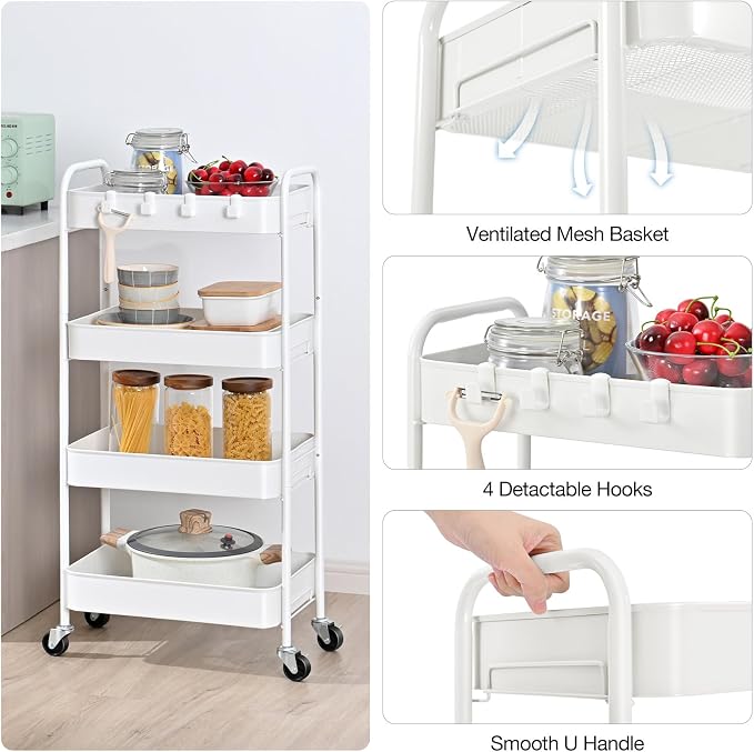 TOOLF 4-Tier Rolling Cart - Metal Storage Organizer with Lockable Wheels, 44 lbs Per Shelf Capacity, Tool-Free Assembly, for Kitchen Bathroom Office Laundry Room Nursery, White