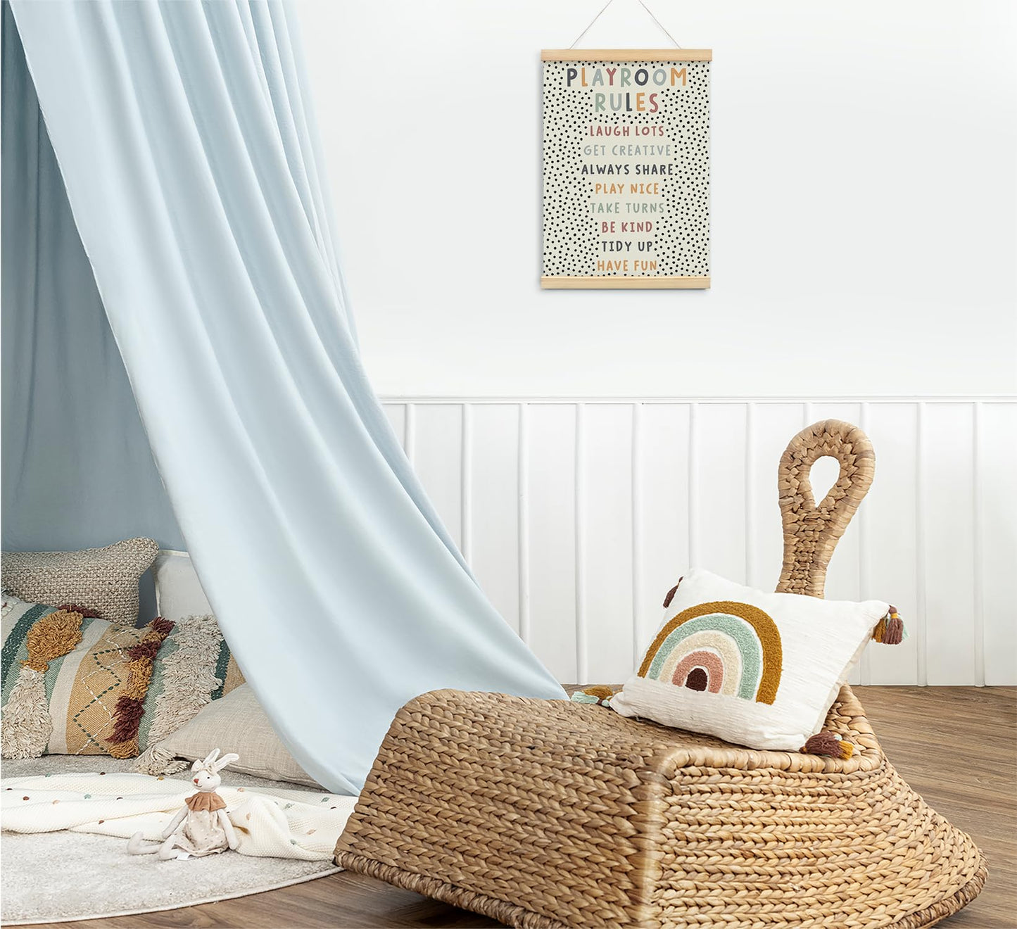 Playroom Kids Tollder Room Wall Decor, Play Room Rules Wall Decor for Kids Play Game Room Bedroom Nursery Home School Playroom Essentials, Canvas Hanging Banner Wood Poster Frameds 12x16 Inch