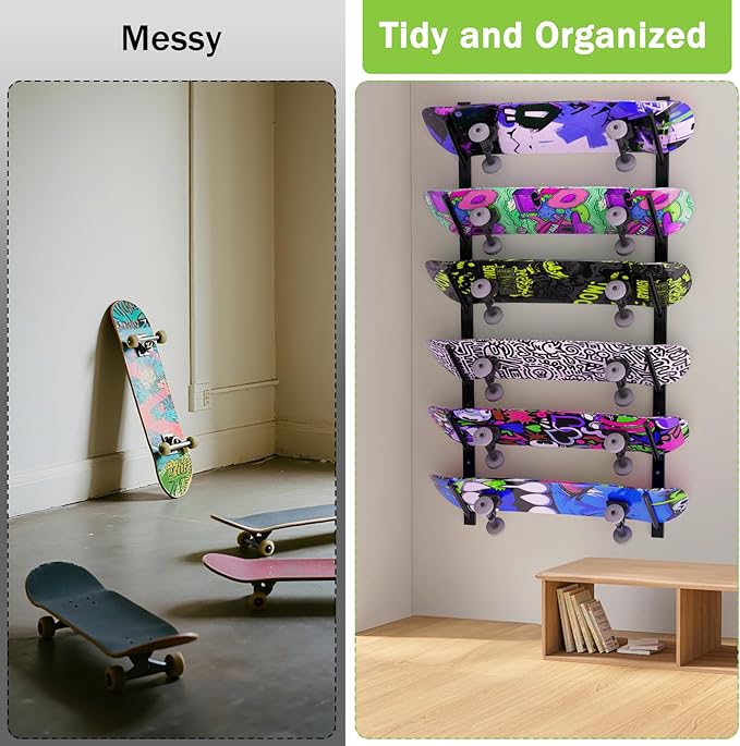 Skateboard Wall Mount, 6-Tier Skate Board Rack Wall Mount, Snowboard Storage Longboard Deck Organizer, Skateboard Wall Display Hanger Holder