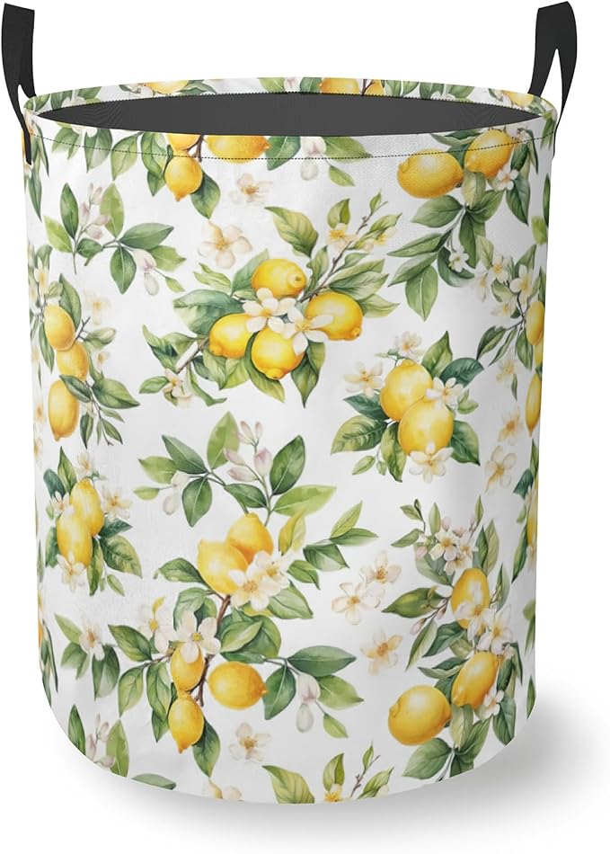 Laundry Basket With Handle, Dirty Clothes Laundry Hamper, Oxford Cloth Bin Storage Organizer for Toy Collection (Lemon Summer)