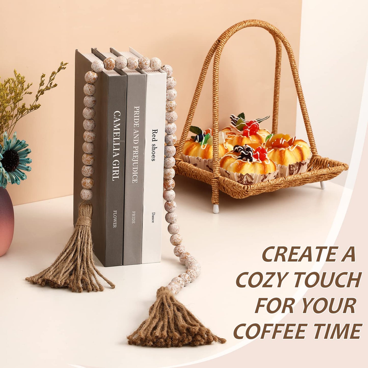 IMIKEYA Wooden Beads Garland: Farmhouse Wood Bead Garland with Tassels Boho Wall Hanging for Home Decor Tiered Tray Rustic Wood Prayer for Coffee Table Decor