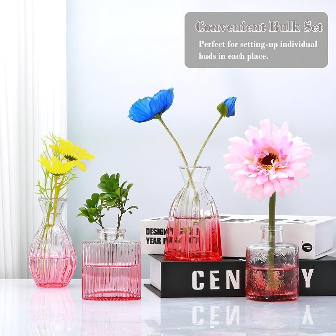 Mapoxy Glass Bud Vases Set of 4,Small Pink Flower Vases for Wedding Centerpiece Table Decorations,Clear Vintage Embossed Mini Vases,Flower Arrangements in Vases for Party or Home Decor