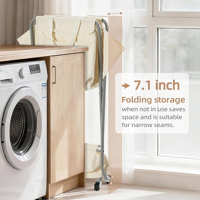 STORAGE MANIAC Collapsible Laundry Cart with Wheels 35.6"H Removable Canvas Bag Rolling Laundry Hamper Clothes Basket with Wheels, Sturdy Steel Frame Folding for Small Narrow Space Easy Storage, Beige