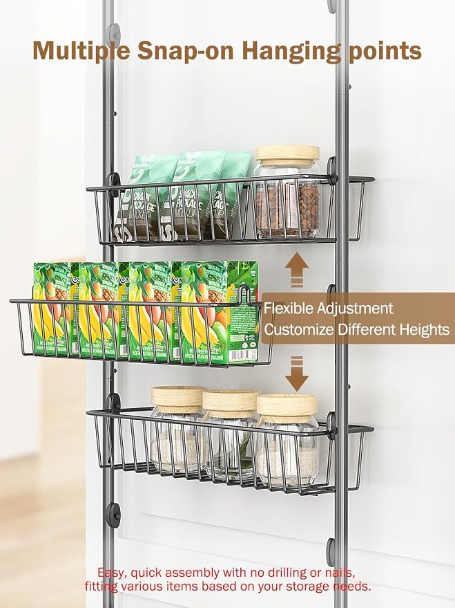 Delamu Over The Door Pantry Organizer, 9-Tier Pantry Door Organizers and Storage with Adjustable Basket, Metal Hanging Spice Rack, Seasoning Organizer, Door Organizer for Home Kitchen Bathroom, Black
