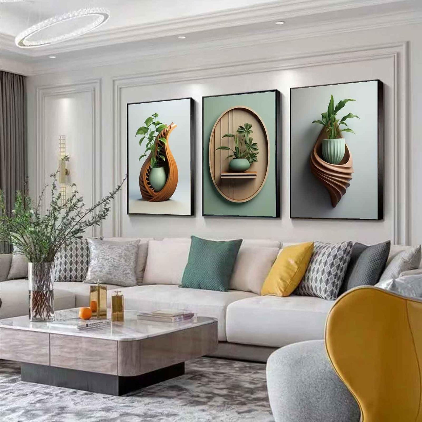 3Pcs Green Plant Floral Canvas Wall Art Modern Plants Potted Flowers Painting Decor Pictures Neutral Floral 2D Bloom Posters Prints for Kitchen Office Living Bathroom Bedroom Decoration No Framesd