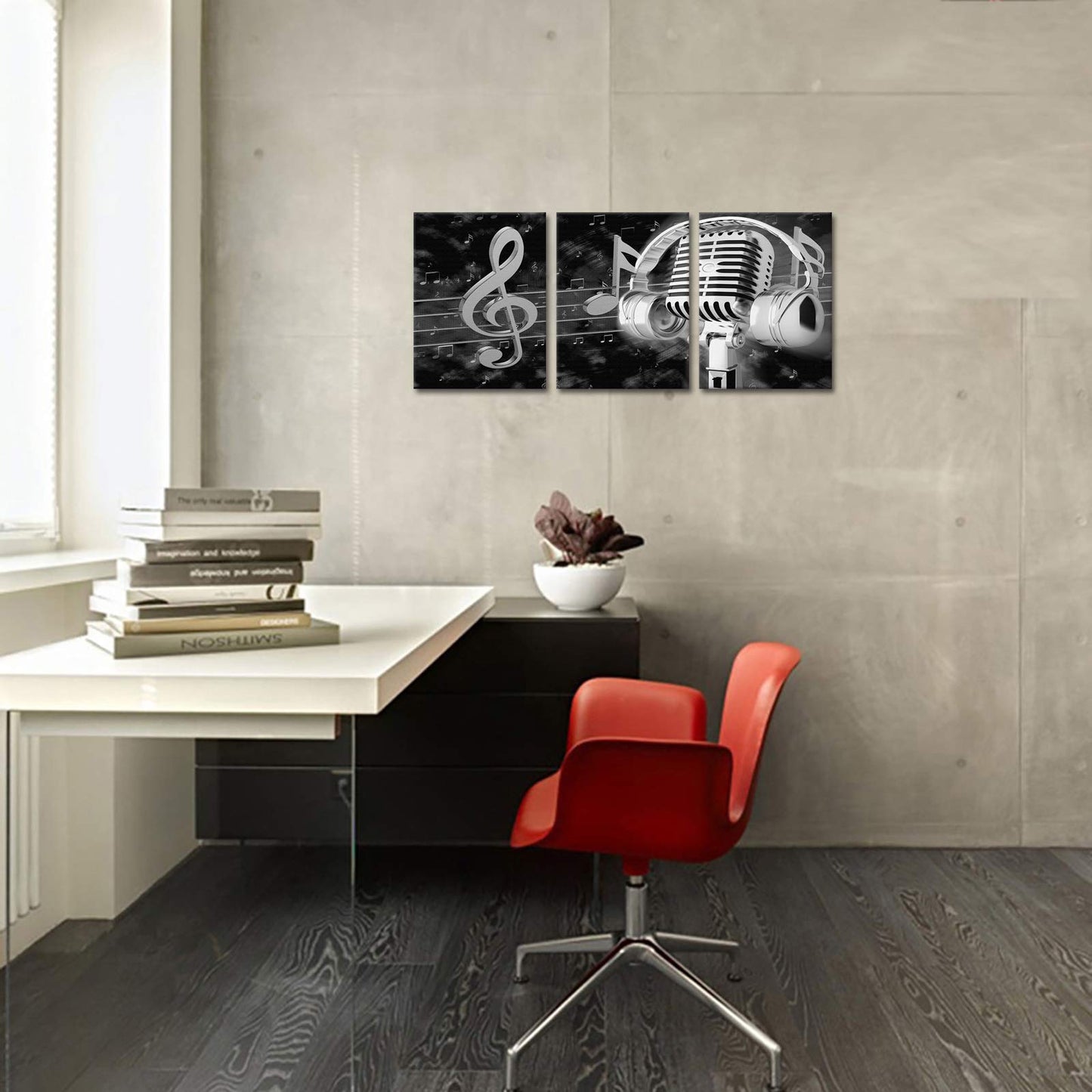 Biuteawal Music Artistic Paintings Wall Art Black White Microphone and Headset Note Picture Canvas Giclee Print Modern Home Studio Bedroom Decor Stretched and Framed Ready to Hang