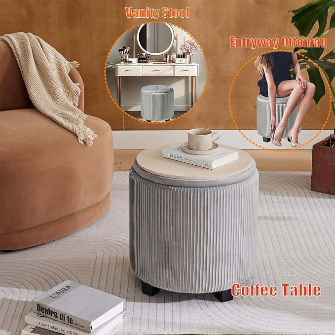 BLEXA Big Round Ottoman with Storage Set of 2,Upholstered Velvet Vanity Stool for Makeup Multifunctional Foot Rest Coffee Table Padded Seat Tufted Ottomans for LivingRoom&Bedroom (Large Grey)