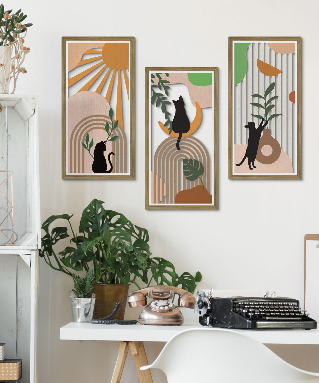 Putuo Decor Boho Wall Decor Set of 3, Abstract Boho Cat Wall Art, Mid Century Modern Black Wall Decr for Cat Lovers Home Bedroom Living Room Office