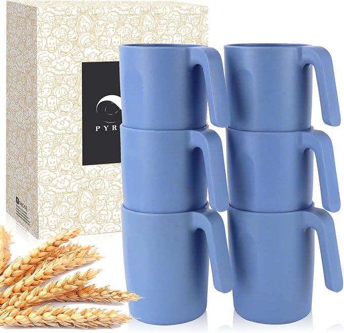 PYRMONT Wheat Straw Cups 16 Oz Alternative Plastic Cups With Handle Dishwasher & Microwave Safe Mug Set of 6 Unbreakable Cups Set for Party,Camping,Family Dinner-Lightblue