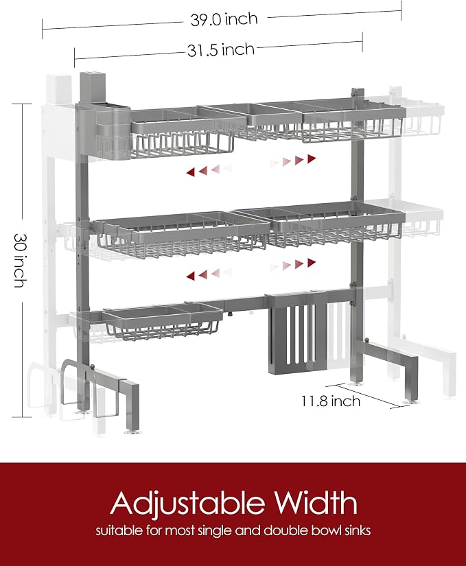 Sakugi Dish Drying Rack - Over The Sink Dish Drainer Drying Rack with Utensil & Knife Holder, Hooks, Stainless Steel Kitchen Organizers and Storage Solution, 11.8" D x 31.5"~39.0''W x 30" H, Gray