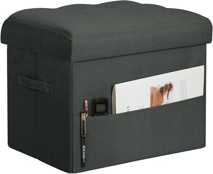 BelugaHelper Small Ottoman with Storage, Foldable Ottoman Foot Rest Stool with Thicker Foam Padded Seat. Linen Storage Bench for Bedroom Living Room, Holds Up to 300 lbs, 17x13x13IN(Black Green)
