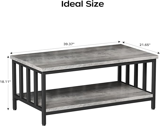 Homeiju Coffee Table for Living Room with Slatted Sides Frame, Modern Farmhouse Living Room Table with 2-Tier Storage Shelf for Home Office, Apartment, Grey Wash, 39 inch