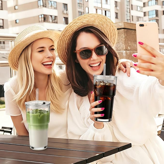 Iced Coffee Cups with Lids: Coffee Bar Accessories - Tumbler Leak Proof for To Go Iced Coffee Cups with Lids 4 Pack - 20 oz Glass Cups with Lids and Straws - Thickened Glass Tumbler with Straw and Lid