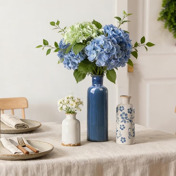 Ceramic Vases Set of 3, Blue and White Vintage Flower Vase for Farmhouse Shelves, Rustic Vase for Table Bookshelf, Living Room Decorative