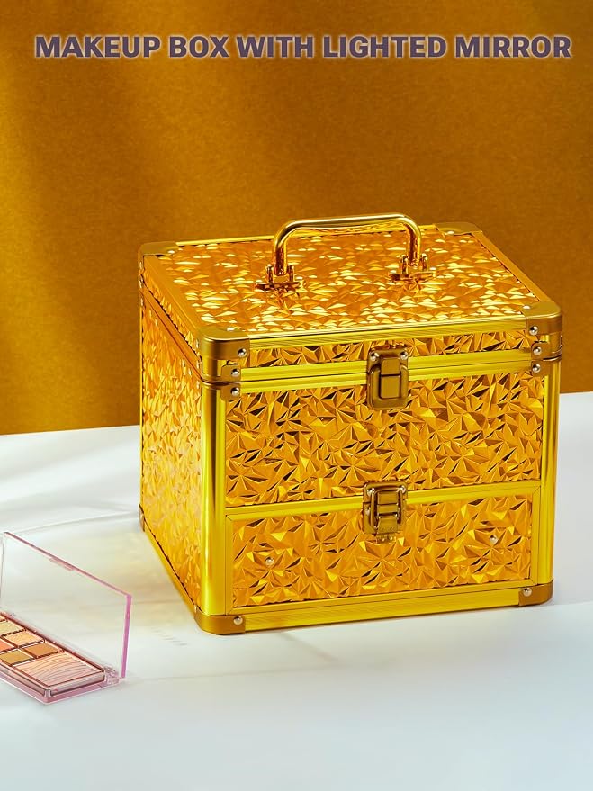 Qislee Makeup Box with Drawer and A Detachable Lighted Mirror, Waterproof Travel Train Case, Cosmetic Organizer and Makeup Suitcase with Adjustable Dividers, Magnetic LED Mirror (Luxury Gold)