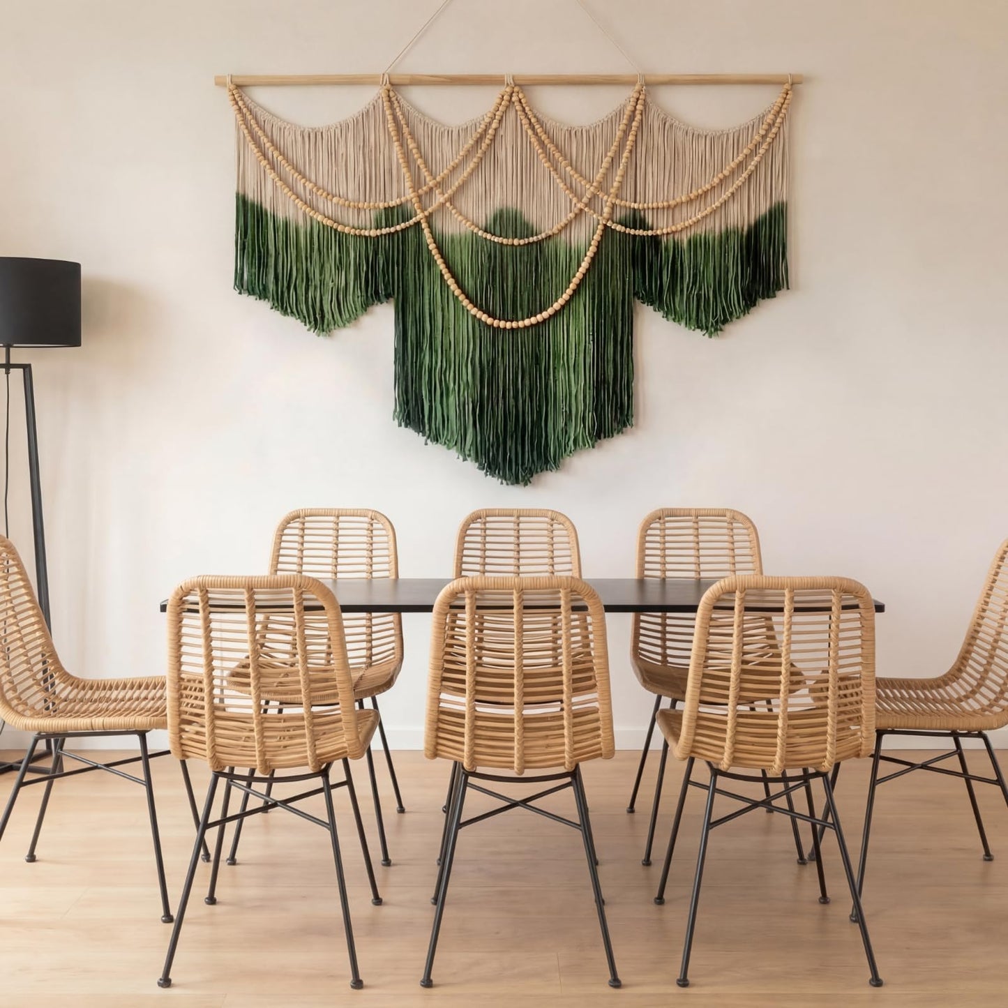 CrystalSylara Large Macrame Wall Hanging Boho Wall Decoration Art, 57" W x 43" L Green & Cream Fiber Dip-dyed Tapestry Handwoven Fiber and Wood Beads Decor for Bedroom Living Room Home Decor