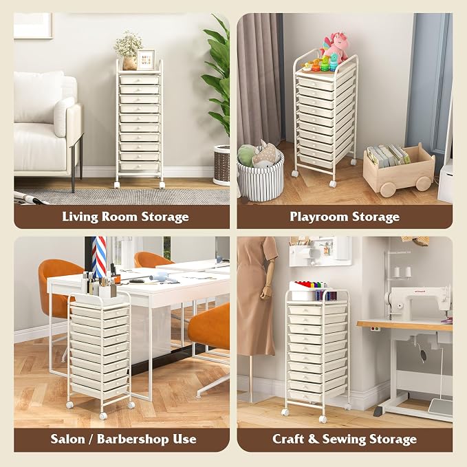 COSTWAY 10-Drawer Rolling Storage Cart, Utility Mobile Trolley with Removable Drawers & Universal Casters & 2 Brakes, Versatile Flexible Drawer Organizer Cart for Home, Office, White