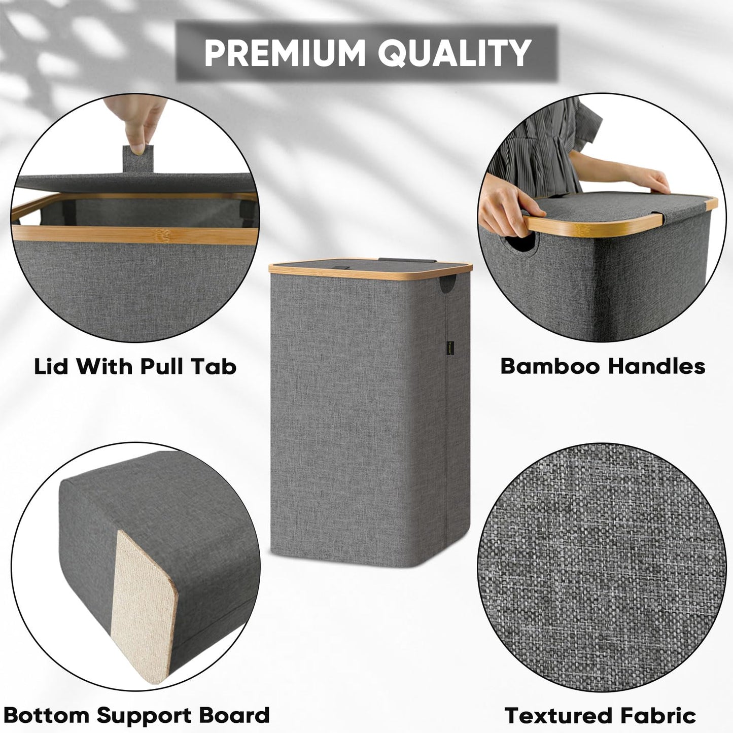 BALEINE Laundry Hamper with Lid, Tall Laundry Baskets with Bamboo Pull Handles, Large Laundry Bin with Internal Support (26 Gal/100L, Beige)