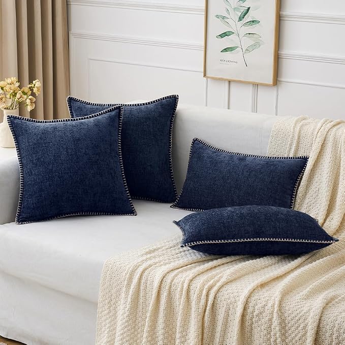 MIULEE Pack of 2 Couch Throw Pillow Covers 16x16 Inch Navy Blue Farmhouse Decorative Pillow Covers with Stitched Edge Soft Chenille Solid Dyed Pillow Covers for Sofa Bed Living Room