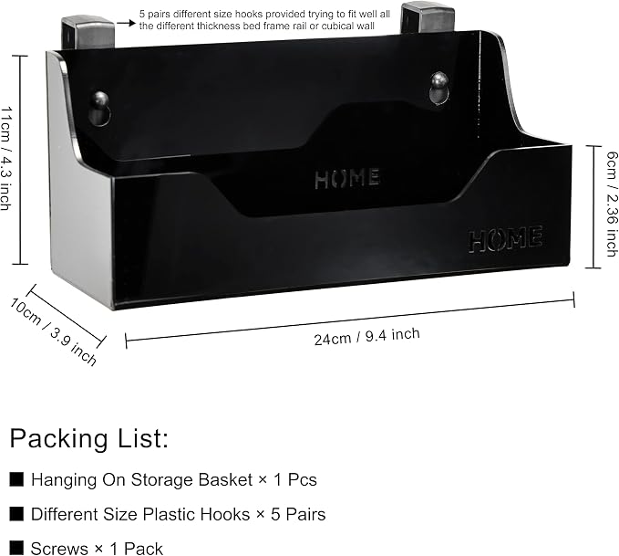Bedside Caddy Hanging Storage Basket Little Plastic Beside Shelf Hang-on Storage Organizer for Collage Dorm Bunk Bed,Changing Table - Bedroom Essentials for Phone,Mini Speaker,Tissues (Black)