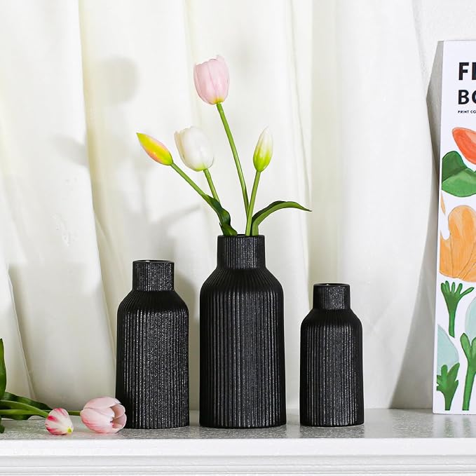 Bohemian Black Ceramic Vase - for Pampas Grass, Mantel, Bookshelf, Entryway and Living Room Decor (Black, Set of 3)