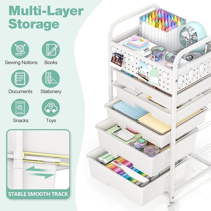 5 Drawer Rolling Storage Cart with Pegboard Top and Hooks, Mobile Utility Organizer with Wheels for Office Supplies, Craft Storage, Classroom Organization, Home Storage Cart, White