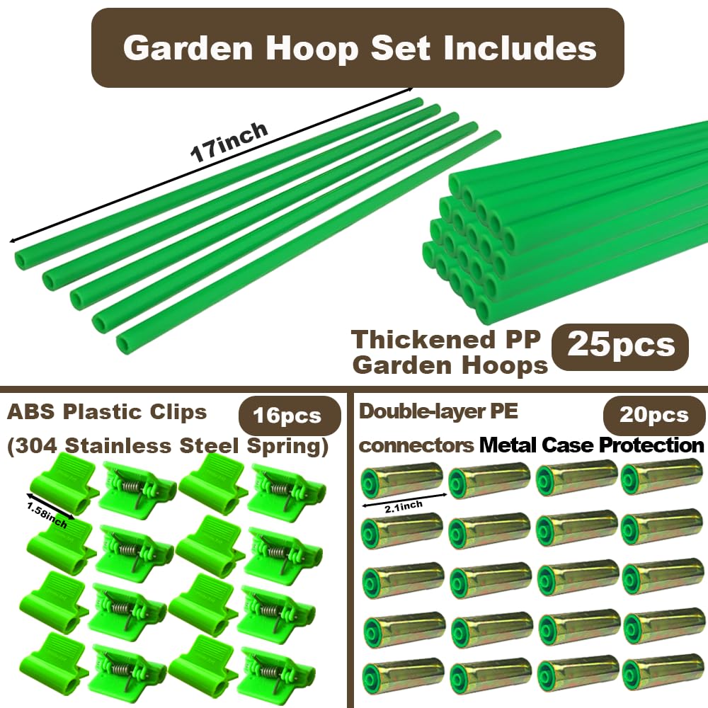 PirateAnt Greenhouse Hoops Set for DIY Grow Tunnel，Metal Connectors Thickened High Tenacity PP Dark Green Garden Hoops for Row Cover，Raised beds，DIY Plant Support Garden Stakes, 25pcs